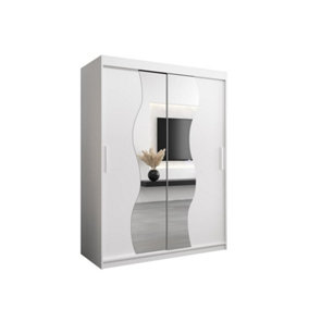 Madrid Contemporary 2 Mirrored Sliding Door Wardrobe 5 Shelves 2 Rails White Matt (H)2000mm (W)1500mm (D)620mm