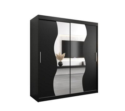 Madrid Contemporary 2 Mirrored Sliding Door Wardrobe 9 Shelves 2 Rails Black Matt (H)2000mm (W)1800mm (D)620mm