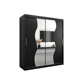 Madrid Contemporary 2 Mirrored Sliding Door Wardrobe 9 Shelves 2 Rails Black Matt (H)2000mm (W)1800mm (D)620mm