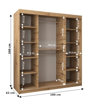 Madrid Contemporary 2 Mirrored Sliding Door Wardrobe 9 Shelves 2 Rails Oak Artisan Effect (H)2000mm (W)1800mm (D)620mm