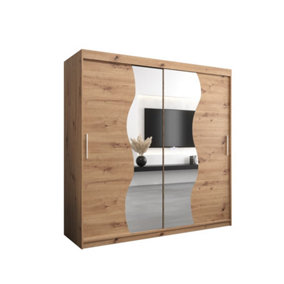Madrid Contemporary 2 Mirrored Sliding Door Wardrobe 9 Shelves 2 Rails Oak Artisan Effect (H)2000mm (W)2000mm (D)620mm