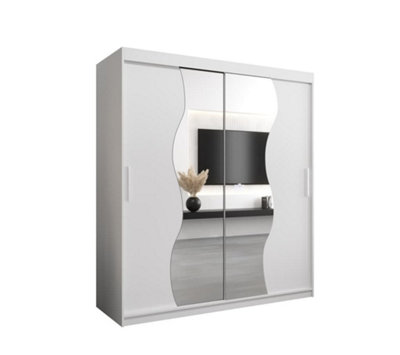 Madrid Contemporary 2 Mirrored Sliding Door Wardrobe 9 Shelves 2 Rails White Matt (H)2000mm (W)1800mm (D)620mm