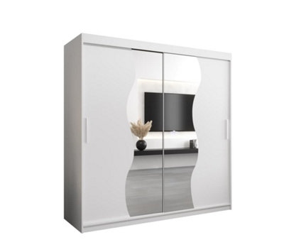 Madrid Contemporary 2 Mirrored Sliding Door Wardrobe 9 Shelves 2 Rails White Matt (H)2000mm (W)2000mm (D)620mm