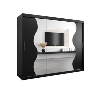 Madrid Contemporary 3 Mirrored Sliding Door Wardrobe 9 Shelves 2 Rails Black Matt (H)2000mm (W)2500mm (D)620mm