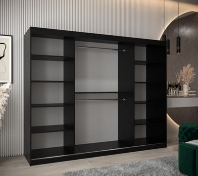 Madrid Contemporary 3 Mirrored Sliding Door Wardrobe 9 Shelves 2 Rails Black Matt (H)2000mm (W)2500mm (D)620mm