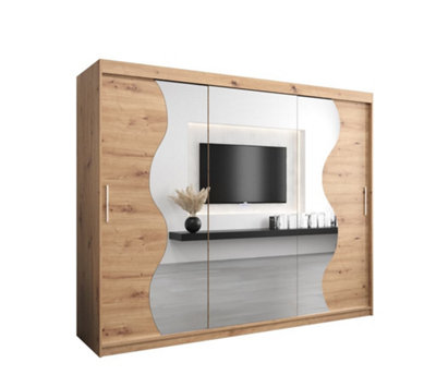 Madrid Contemporary 3 Mirrored Sliding Door Wardrobe 9 Shelves 2 Rails Oak Artisan Effect (H)2000mm (W)2500mm (D)620mm