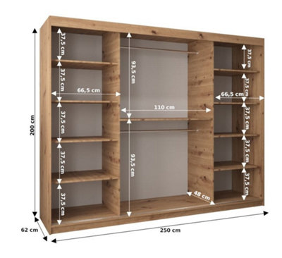 Madrid Contemporary 3 Mirrored Sliding Door Wardrobe 9 Shelves 2 Rails Oak Artisan Effect (H)2000mm (W)2500mm (D)620mm