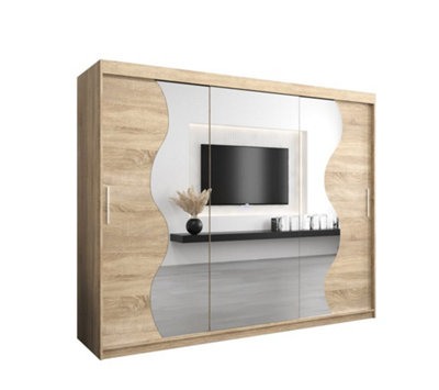 Madrid Contemporary 3 Mirrored Sliding Door Wardrobe 9 Shelves 2 Rails Oak Sonoma Effect (H)2000mm (W)2500mm (D)620mm