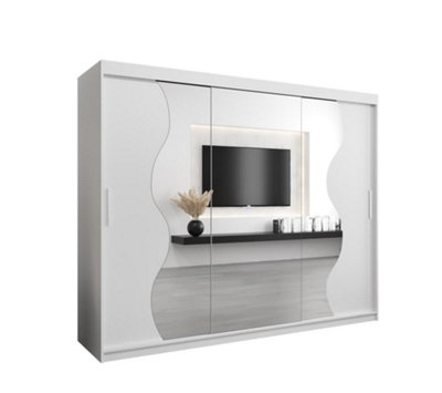 Madrid Contemporary 3 Mirrored Sliding Door Wardrobe 9 Shelves 2 Rails White Matt (H)2000mm (W)2500mm (D)620mm