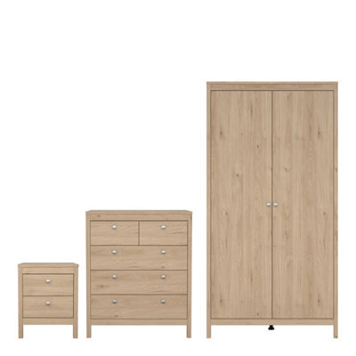 Madrid Package - Bedside Table 2 Drawers + Chest 5 Drawer + 2 Door Wardrobe in Jackson Hickory Oak
