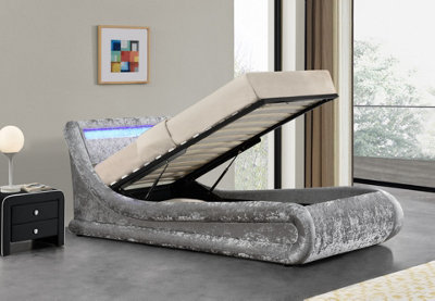 Madrid Silver Crushed Velvet Single 3FT Ottoman Storage Bed Frame Remote Controlled LED Colour Changing Light