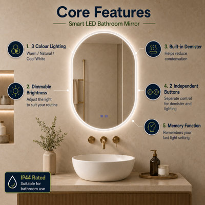 MAERTS-E 600x800mm Oval LED Bathroom Mirror with Demister, 3 Colour Dimmable Light, Touch Sensor, IP44 Wall Mounted