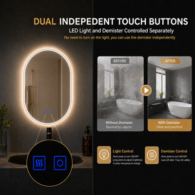MAERTS-E 600x800mm Oval LED Bathroom Mirror with Demister, 3 Colour Dimmable Light, Touch Sensor, IP44 Wall Mounted