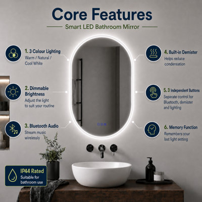 Maerts-E Illuminated LED Bathroom Oval Mirrors with Bluetooth, Demister 600x900mm Touch Sensor