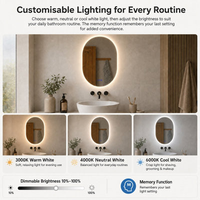 Maerts-E Illuminated LED Bathroom Oval Mirrors with Bluetooth, Demister 600x900mm Touch Sensor