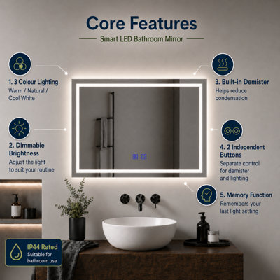 Maerts-E Illuminated LED Bathroom Wall Mirror with Demister 1000x600mm ...
