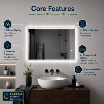 Maerts-E Illuminated LED Bathroom Wall Mirror with Dimmable 3 Lights ...