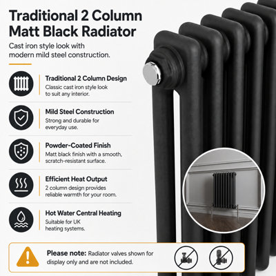 MAERTS-E Traditional 2 Column Radiator Black Horizontal (H)300mm (W ...