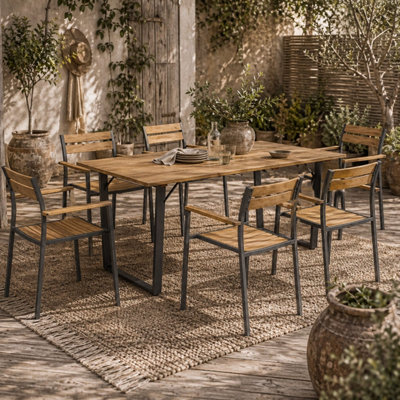 Mafi 7-Piece Outdoor Dining Set - Rectangular Fir Wood Panel Table with ...