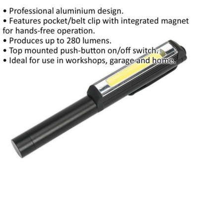 Magnetic Aluminium Penlight Torch - 3W COB LED - 3 x AAA Battery Powered