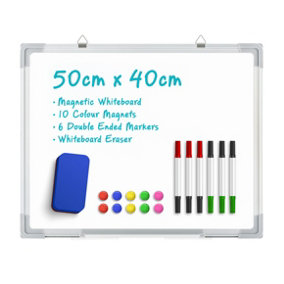 Magnetic Whiteboard Wall Hanging 10 Colour Magnets Marker Pens Memo Notice Board - 50cm x 40cm