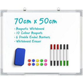 Magnetic Whiteboard Wall Hanging 10 Colour Magnets Marker Pens Memo Notice Board - 70cm x 50cm