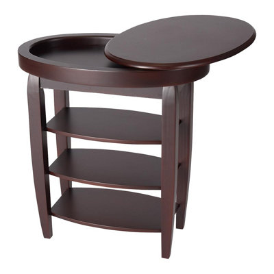 Mahogany Veneer Swivel Top Table - Wooden Multipurpose Side Table with 3 Shelves & 360 Rotating Tabletop Tray - H61 x W56 x D39cm