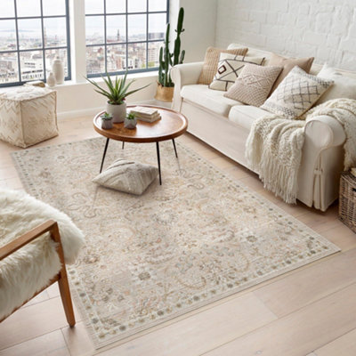 Maia Washable Low Pile Non Slip Blossom Traditional Area Rug - Beige, 120 x 180 cm (Rectangular)