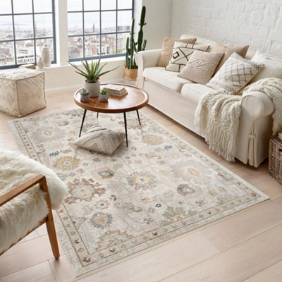 Maia Washable Low Pile Non Slip Lagoon Traditional Area Rug - Beige, 160 x 240 cm (Rectangular)