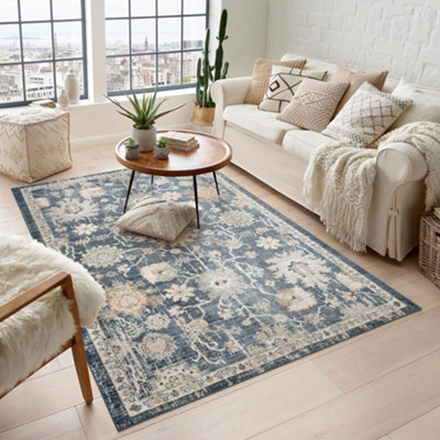 Maia Washable Low Pile Non Slip Lagoon Traditional Area Rug - Navy, 120 x 180 cm (Rectangular)