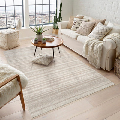 Maia Washable Low Pile Non Slip Motif Traditional Area Rug - Beige, 200 x 300 cm (Rectangular)