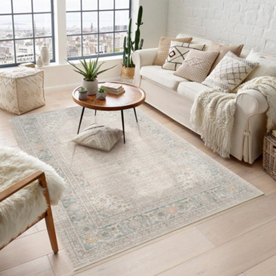 Maia Washable Low Pile Non Slip Orchid Traditional Area Rug - Beige, 120 x 180 cm (Rectangular)