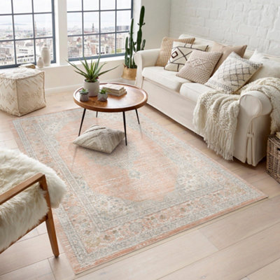 Maia Washable Low Pile Non Slip Orchid Traditional Area Rug - Coral, 200 x 300 cm (Rectangular)