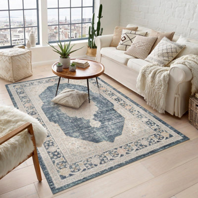 Maia Washable Low Pile Non Slip Orchid Traditional Area Rug - Navy, 200 x 300 cm (Rectangular)