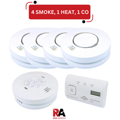 Mains Power Smoke Detectors & Heat Alarm RF Interconnect with Battery Back Up: 4 Smoke / 1 Heat / 1 CO