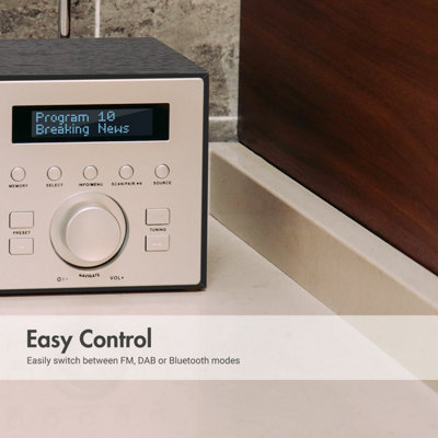 Mains Powered DAB/DAB+/FM Radio, Dual Alarm Clock, Bluetooth Speaker with Subwoofer, USB MP3 Player, 3.5mm AUX In - August MB420B