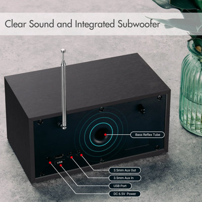 Mains Powered DAB/DAB+/FM Radio, Dual Alarm Clock, Bluetooth Speaker with Subwoofer, USB MP3 Player, 3.5mm AUX In - August MB420B