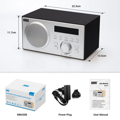 Mains Powered DAB/DAB+/FM Radio, Dual Alarm Clock, Bluetooth Speaker with Subwoofer, USB MP3 Player, 3.5mm AUX In - August MB420B