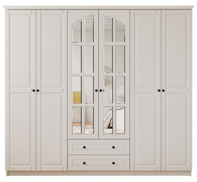 MAISON 6 Door 2 Drawer Mirrored White Wardrobe