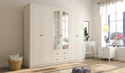 MAISON XL 6 Door 2 Drawer Mirrored White Wardrobe