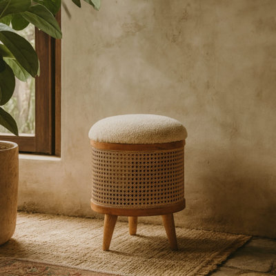 Makawao Cream Boucle and Natural Rattan Footstool with Mango Wood Base