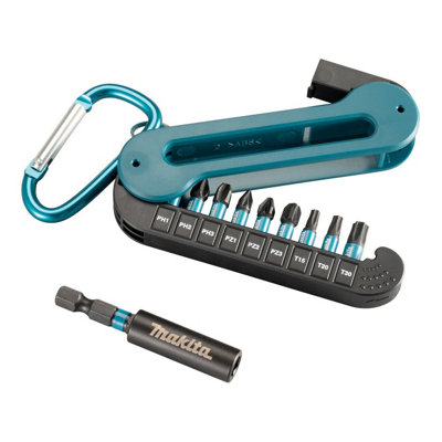 Makita 10 Piece Black Impact Driver Rated Bit Set Pozi PZ2 + Holder + Carabiner