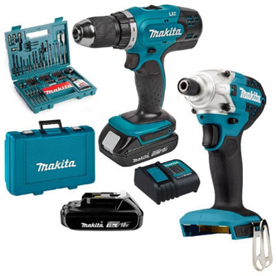 Makita 18v LXT Twin Pack Cordless Drill + Impact Driver 2x Battery + 100 Bit Set