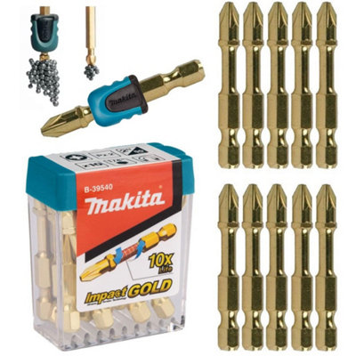 Makita 50mm POZI PZ2 Impact Gold Torsion Pozi Bits x10 + Holder Sleeve Bit