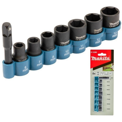 Makita 8 Piece Impact Driver Socket Set 1/4" Square Drive + 1/4" Hex Bit 6-13mm