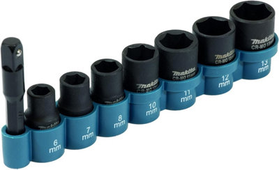 Makita 8 Piece Impact Driver Socket Set 1/4" Square Drive + 1/4" Hex Bit 6-13mm