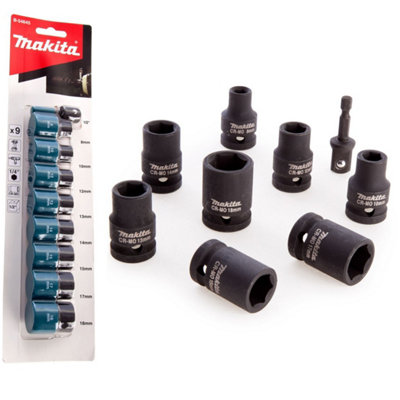 Makita 9 Piece Impact Driver Socket Set 1/2" Square Drive + 1/4" Hex Bit 8-18mm