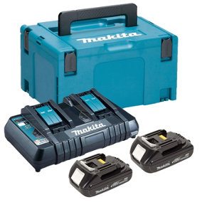Makita BL1815 18v 2 x 1.5ah Lithium Batteries DC18RD Dual Port Charger + Makpac