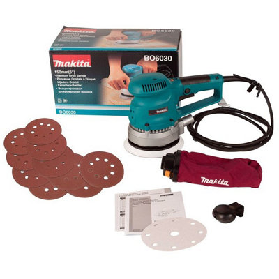 Makita BO6030 110v Corded Random Orbital Sander 150mm 6" + Dust Bag + 11 Sheets