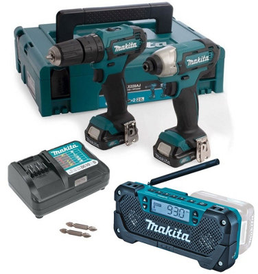 Makita CLX228AJ 12v CXT Cordless Combi Hammer Drill + Impact Driver +MR052 Radio